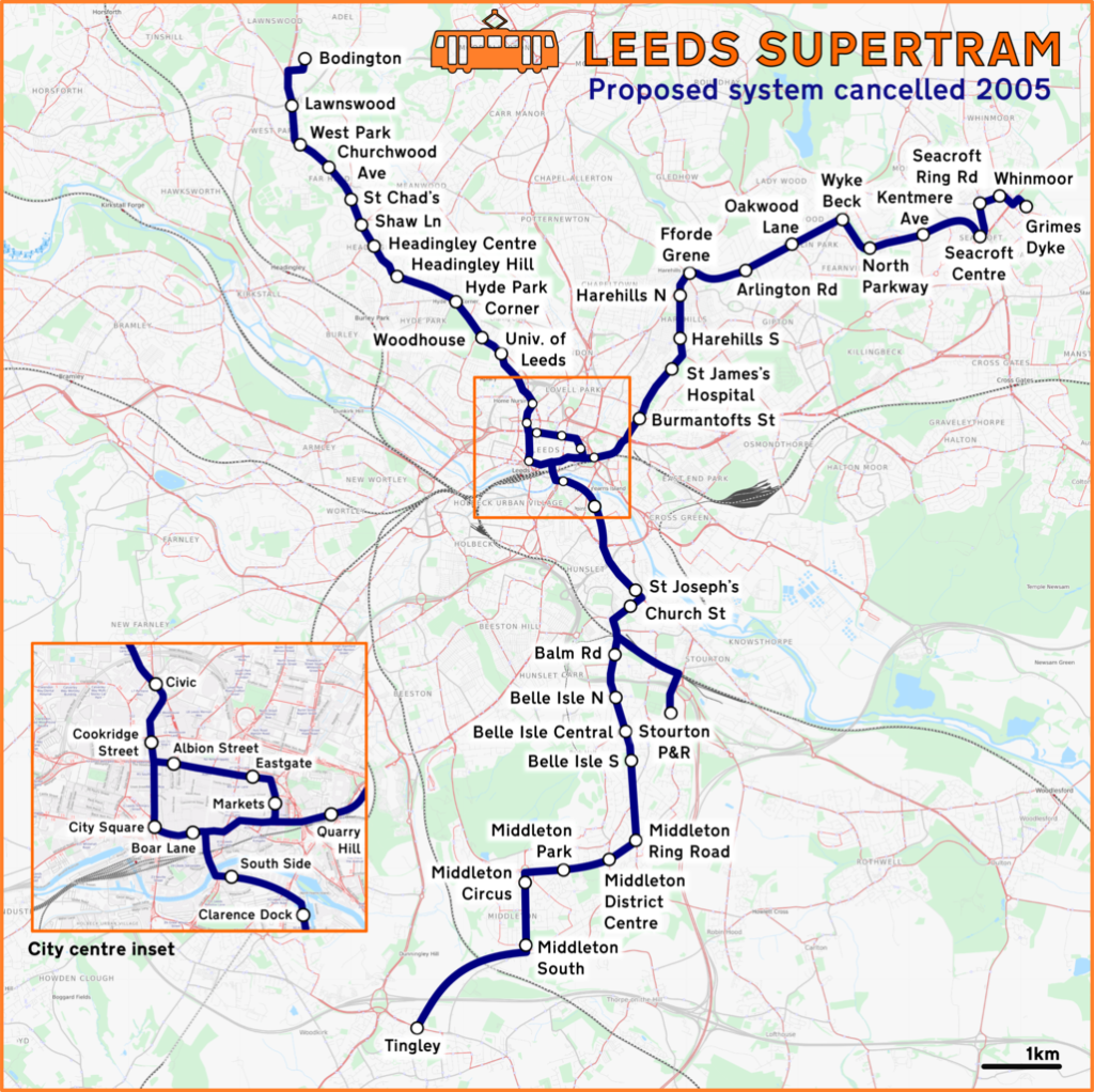 Map showing the Leeds Supertram proposal, including two lines serving the North of the cIty and one in the south