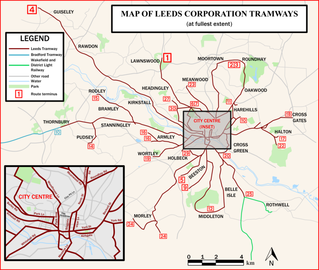 Diagram showing the old tramways in Leeds