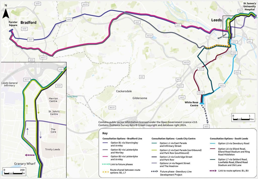 Map showing the various proposed routes for Phase One of the West Yorkshire mass transit system