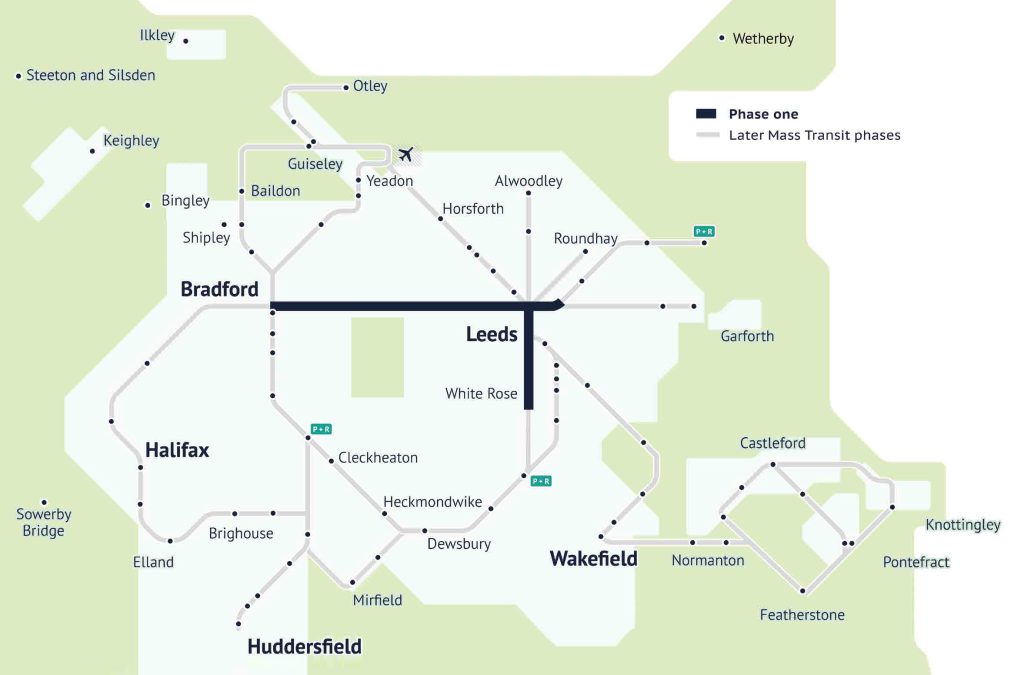 A diagram of West Yorkshire showing Phase One of the West Yorkshire mass transit system, as well as potential future connections around the region